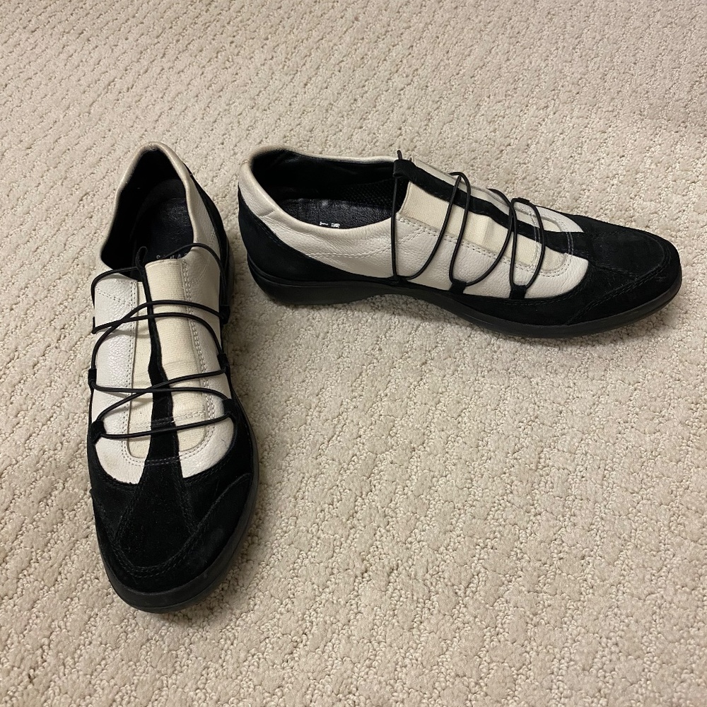 Stuart Weitzman Black/Ivory SlipOn Suede and Leather Sneaker